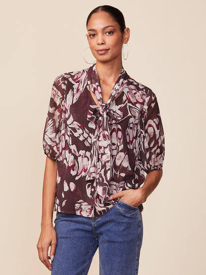 Short Sleeve Tie Neck Printed Blouse