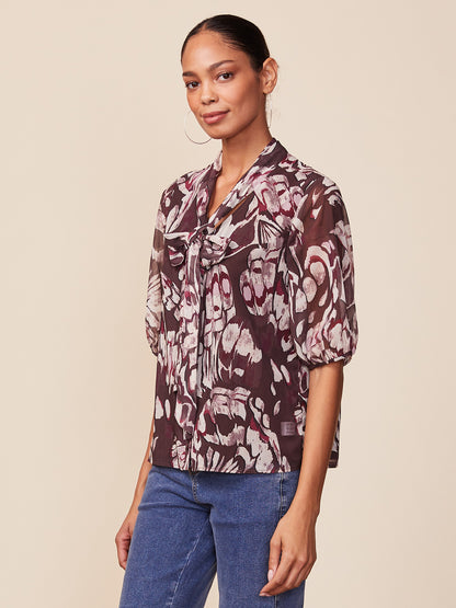 Short Sleeve Tie Neck Printed Blouse