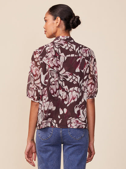 Short Sleeve Tie Neck Printed Blouse