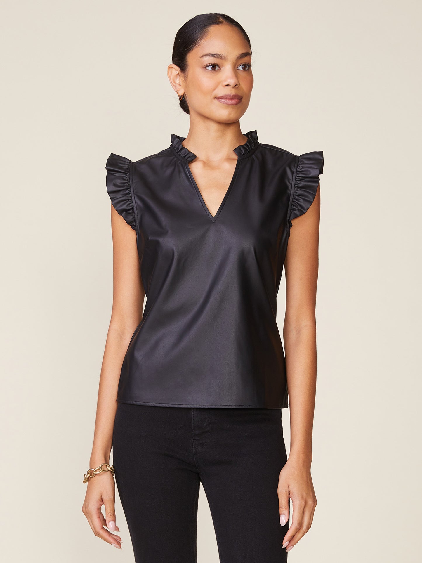 Vegan Leather Ruffle V-Neck Top