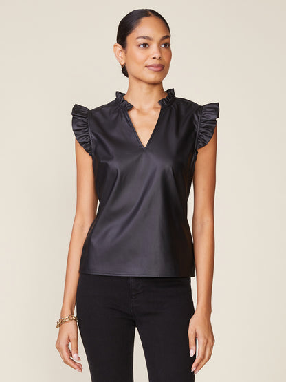 Vegan Leather Ruffle V-Neck Top