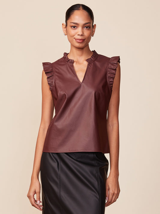 Vegan Leather Ruffle V-Neck Top