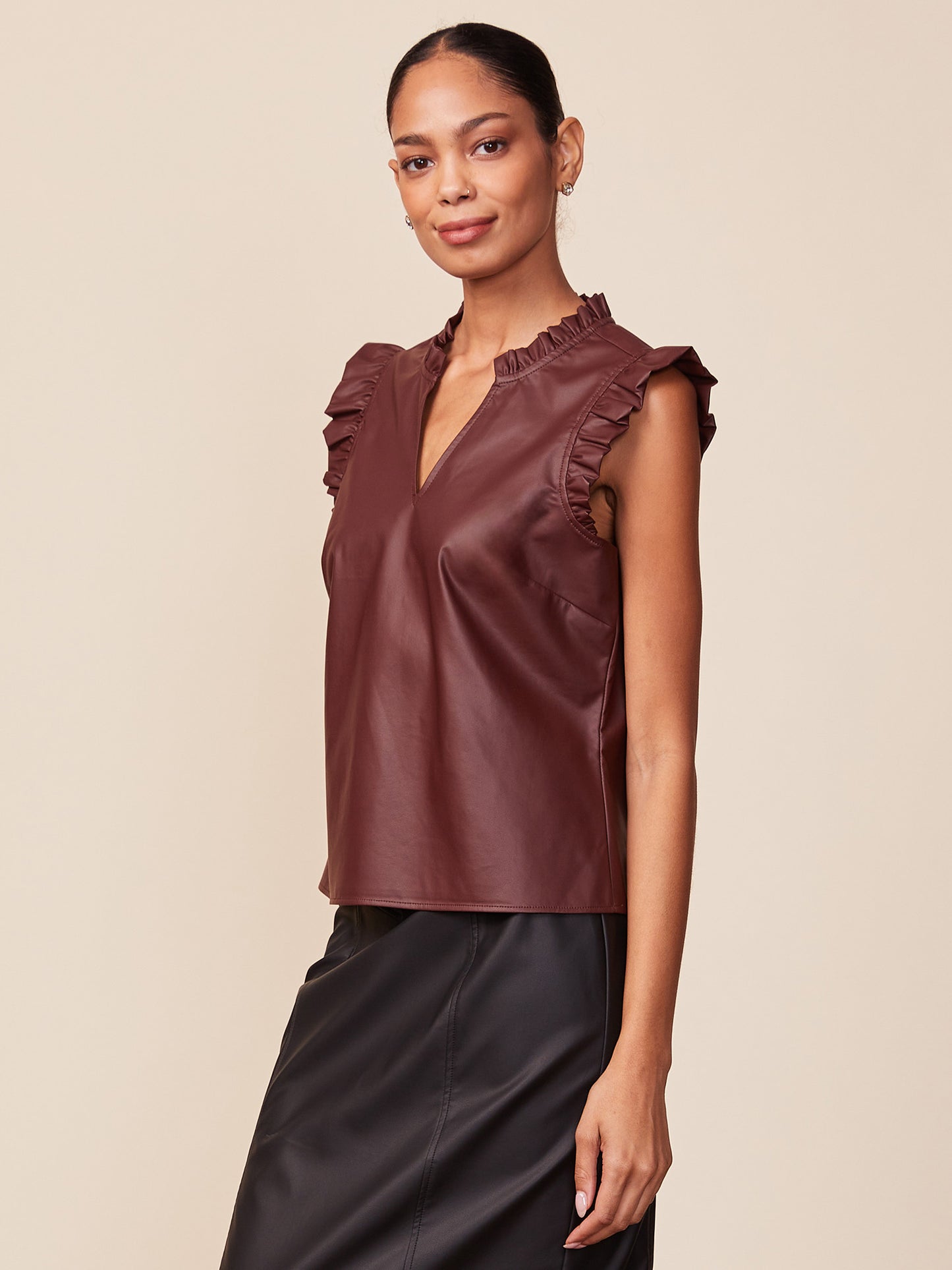 Vegan Leather Ruffle V-Neck Top