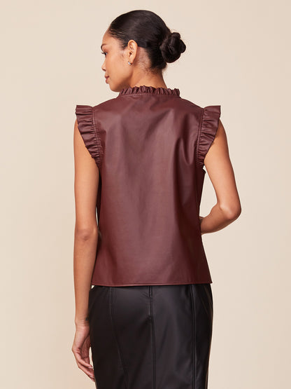 Vegan Leather Ruffle V-Neck Top