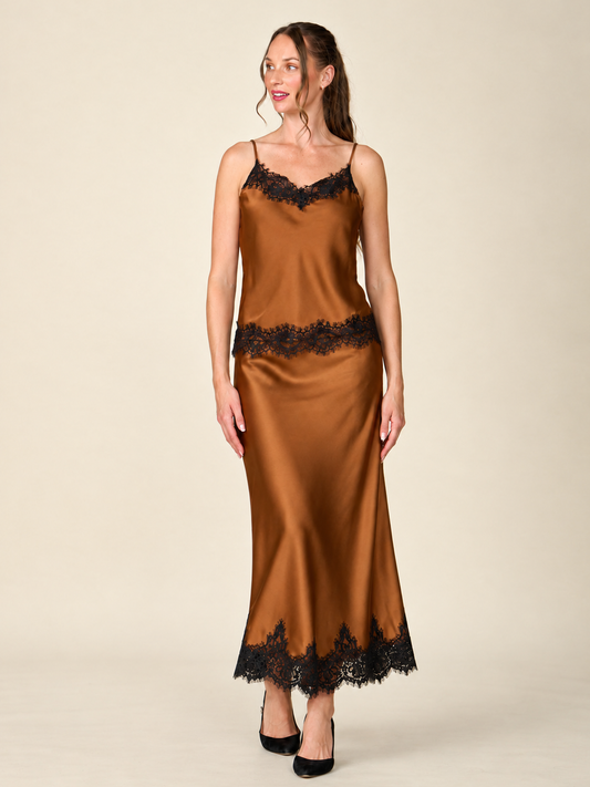 Lace Trim Satin Bias Skirt