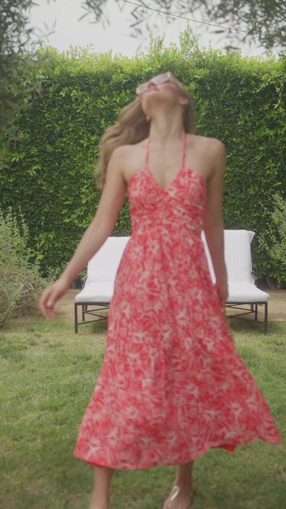 Printed Cinch Front Halter Dress