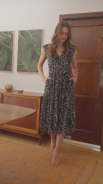 Printed Mesh V-neck Midi Dress