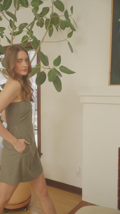 Strapless Smocked Linen Mini Dress